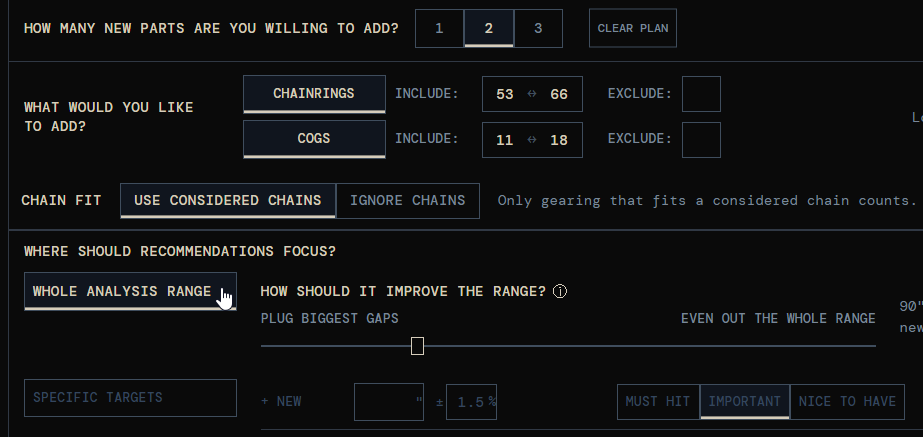 Purchase planner with two new parts selected and options for chain fit and recommendation focus.